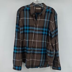 Burberry Men's Brown and Blue Plaid Dress Shirt Men’s sz Large Excellent